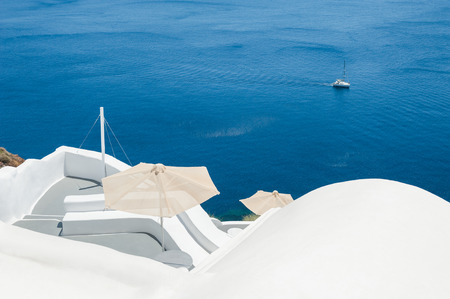 Beautiful terrace with sea views. Santorini island, Greeceの写真素材
