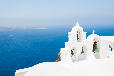 White church on Santorini island, Greece. Beautiful summer landscape, sea view.の写真素材
