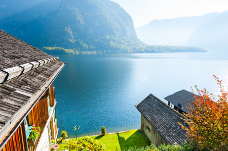 Beautiful view of Hallstatter lake in Hallstatt village, Austrian Alpsの写真素材