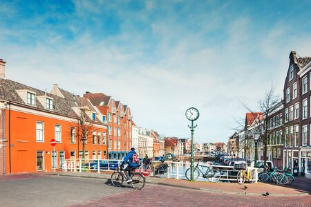 Leiden, Netherlands - April, 5, 2017. Scenic canal with traditional dutch architecture in Leiden, Netherlandsのeditorial素材