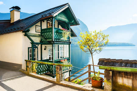 Beautiful view of Hallstatter lake in Hallstatt, Austrian Alpsの写真素材