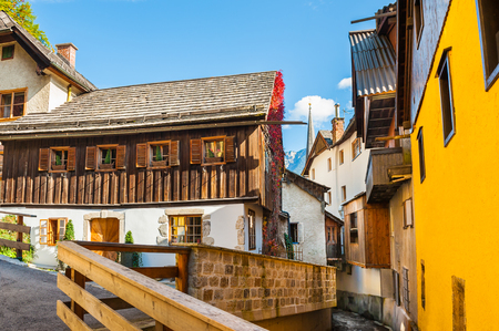 Beautiful street in Hallstatt village in Austriaの写真素材