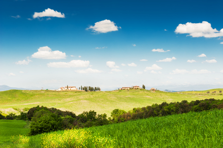 Green fields and blue sky in Tuscany, Italy. の写真素材