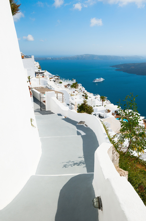 White architecture on Santorini island, Greece. Beautiful summer landscape, sea view.の写真素材
