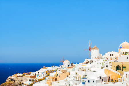 White architecture on Santorini island, Greece. Beautiful summer landscape, sea view. Travel and vacationの写真素材