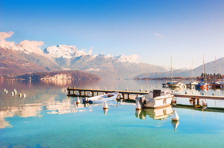 Annecy lake (Lac d'Annecy) with blue clear water in Alps mountains, Franceの写真素材