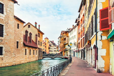 Beautiful canal with medieval architecture in Annecy, France.の写真素材