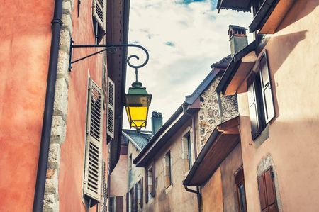 Medieval architecture in Annecy, France. Vintage filter, retro effectの写真素材