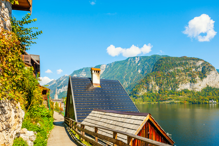 Beautiful street in Hallstatt village in Austrian Alps.の写真素材