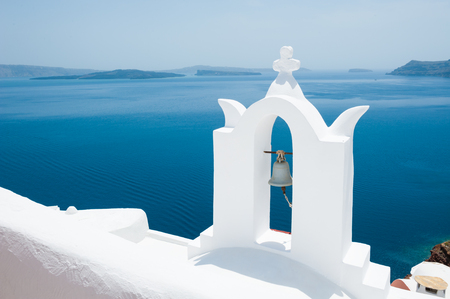 White architecture on Santorini island, Greece. Beautiful summer landscape, sea view.の写真素材