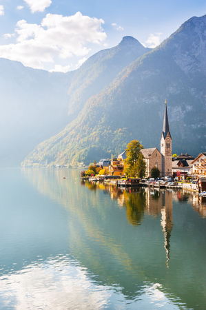 Famous Hallstatt village in Alps mountains, Austria. Beautiful autumn landscapeの写真素材