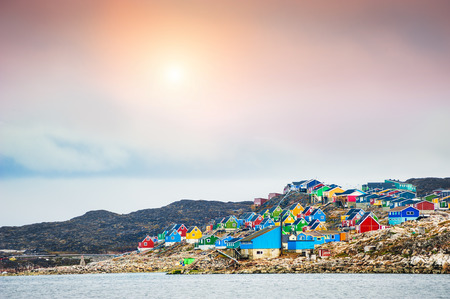 Colorful houses in Aasiaat village, western Greenlandの写真素材