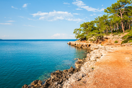 Beautiful wild beach with turquoise water and green trees near Kemer, Turkeyの写真素材