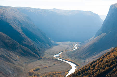 Mountain gorge and Chulyshman river valley in autumn, Altai Republic, Siberia, Russiaの写真素材
