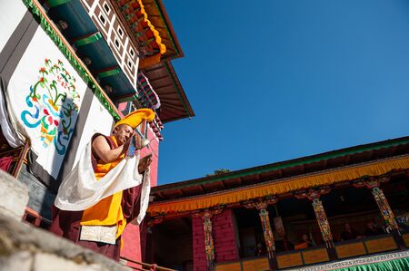 Tengboche, Nepal - October, 24, 2018: The monk perform religious buddhistic dance during the Mani Rimdu festival in Tengboche Monasteryのeditorial素材