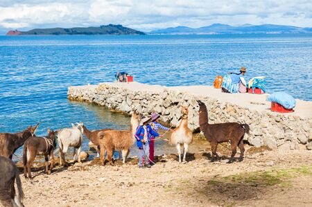 Bolivia - March, 23, 2017. Local people with domestic animals llamas and donkeys on the shore of Island of Sun (Isla del Sol) on Titicaca lake, Boliviaのeditorial素材