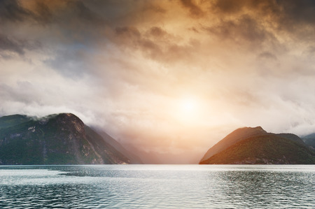 Fjord in Norway at sunset. Beautiful summer landscapeの写真素材