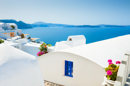 White architecture on Santorini island, Greece. Beautiful summer landscape, sea view.の写真素材