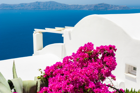 White architecture on Santorini island, Greece. Beautiful landscape with sea viewの写真素材