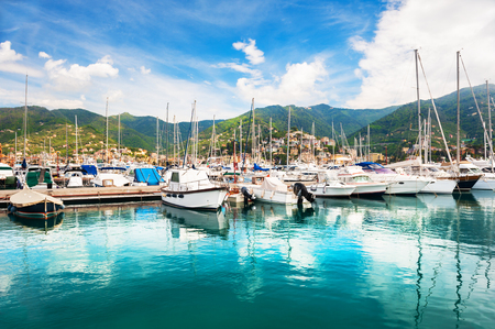 Yachts in the port of Rapallo, Italy. Summer landscape, sea viewの写真素材