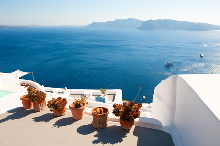 White architecture on Santorini island, Greece. Beautiful landscape with sea viewの写真素材