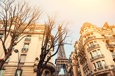 Eiffel Tower view from cozy street in Paris, France.の写真素材