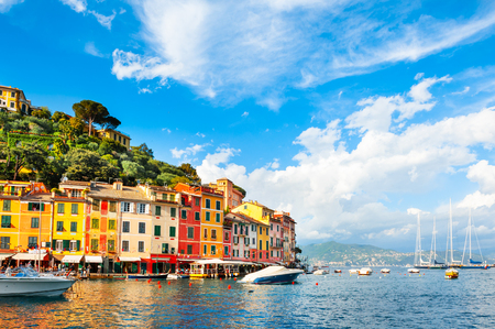 Beautiful sea shore with colorful houses in Portofino, Italyの写真素材