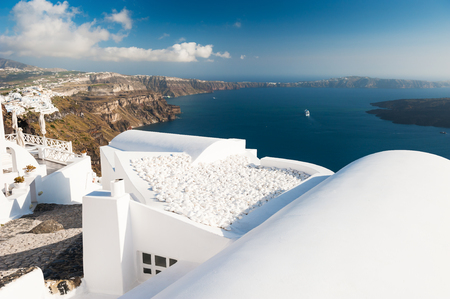 White architecture on Santorini island, Greece. Beautiful landscape with sea viewの写真素材