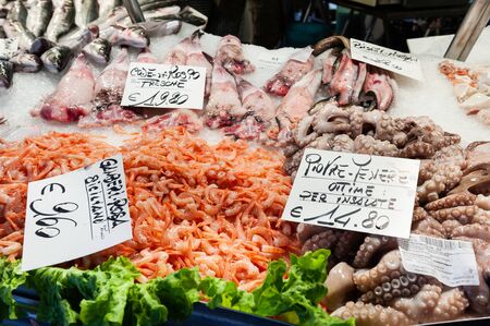 Venice, Italy - April, 3, 2019: Fresh seafood in fish market in Venice, Italyのeditorial素材