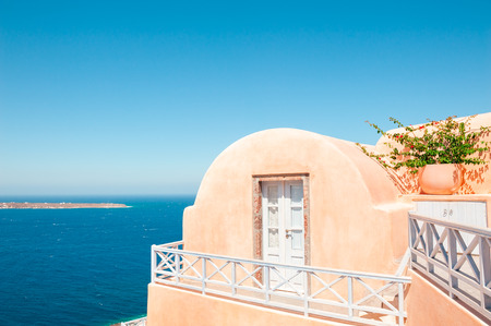Traditional greek architecture on Santorini island, Greece. Summer landscape, sea viewの写真素材