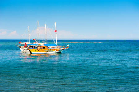 Tourist sailing ship in the sea near Kemer, Turkey. Travel and vacationの写真素材
