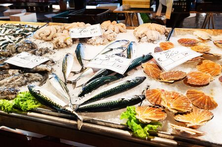 Venice, Italy - April, 3, 2019: Fresh seafood in fish market in Venice, Italyのeditorial素材