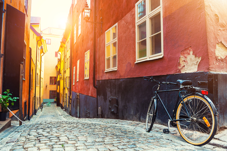 Beautiful street with colorful buildings of Old Town in Stockholm, Sweden. の写真素材