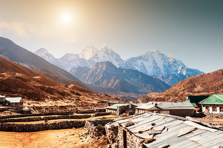 Himalaya mountains at altitude of 4500 m. View of mount Kangtega from Pheriche village at sunrise. Khumbu valley, Everest region, Nepalの写真素材