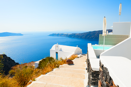 White architecture on Santorini island, Greece. Famous travel destination. Summer landscape, sea viewの写真素材