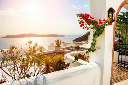 Beautiful sunset on Santorini island, Greece. Famous travel destinationの写真素材