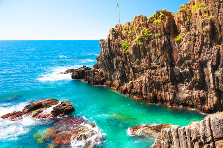 Beautiful coast with turquoise sea and cliffs in Cinque Terre national park, Italy. Summer landscapeの写真素材