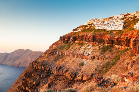 Beautiful sunset on Santorini island, Greece. Famous travel destination. Summer landscape, sea viewの写真素材