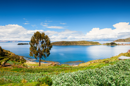 Beautiful coast of Island of Sun (Isla del Sol) on Titicaca lake, Bolivia. Summer landscapeの写真素材