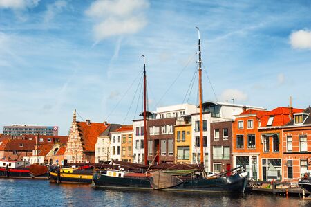 Leiden, Netherlands - April, 5, 2017: Old wooden ships in the harbor of Leiden, Netherlandsのeditorial素材