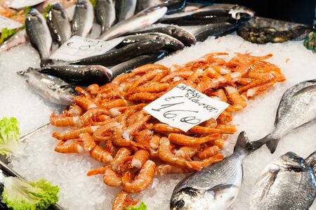 Venice, Italy - April, 3, 2019: Fresh seafood in fish market in Venice, Italyのeditorial素材