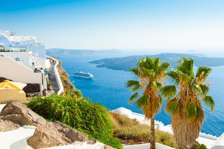White architecture on Santorini island, Greece. Summer landscape with sea view. Famous travel destinationの写真素材