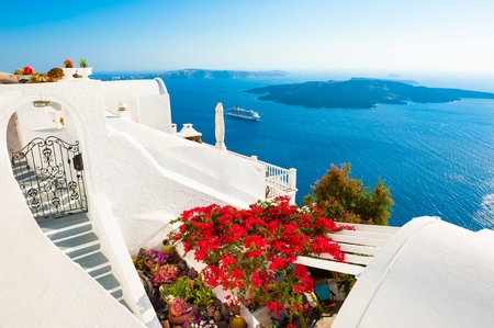 White architecture on Santorini island, Greece. Summer landscape with sea view. Famous travel destinationの写真素材