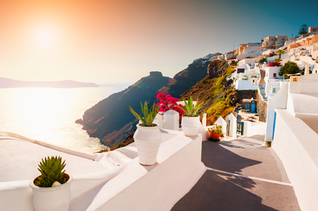 Beautiful sunset at Santorini island, Greece. Famous travel destination. Luxury greek resortの写真素材