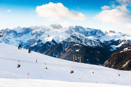 Ski resort in winter Dolomite Alps. Val Di Fassa, Italy. Winter sportsの写真素材
