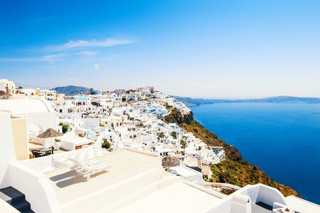 Panoramic view of Santorini island, Greece. Beautiful summer seascape. Famous travel destinationの写真素材