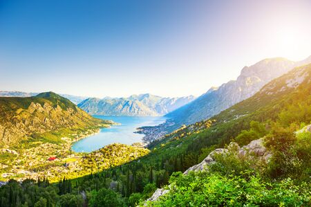 Panoramic view of Kotor bay and Kotor town in Montenegro. Summer landscape. Famous travel destination.の写真素材