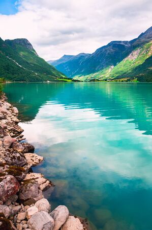 Beautiful summer landscape of Oldevatnet lake in the mountains in Norway.の写真素材