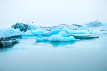 Blue icebergs in Jokulsarlon glacial lagoon in foggy day, southern Iceland. Beautiful icelandic landscapesの写真素材