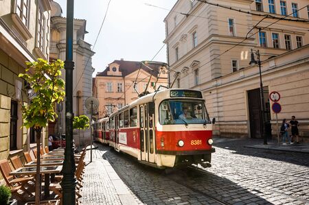 Prague, Czech Republic - July, 26, 2019: Retro tram driving on the street in Old Town of Pragueのeditorial素材